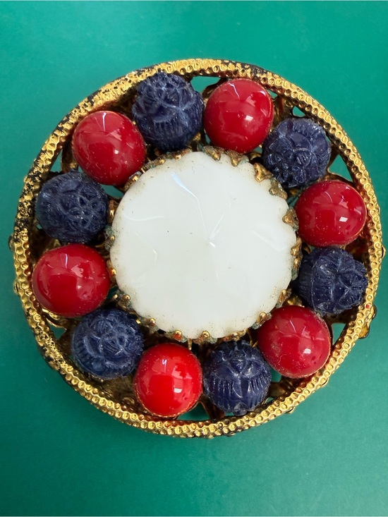 Freirich Jewelry - Freirich Brooch with Red, Navy & White Cabochons- Vintage